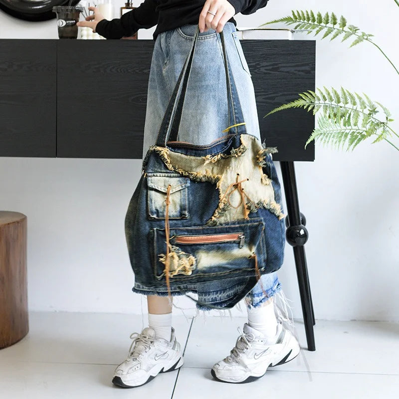 Nesitu High Quality Denim Large Capacity A4 Women Shoulder Messenger Bag Handbag Cross Body Lightweight Blue Black M250301