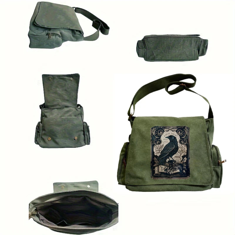Vintage Raven Print Women's Shoulder Bag Men's Crossbody Messenger Bag Large Capacity Canvas Laptop Bag