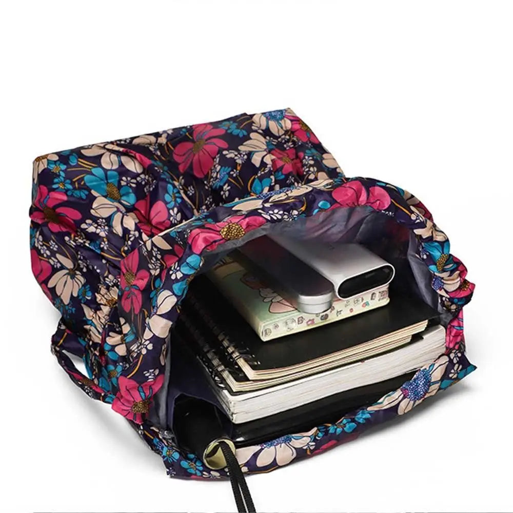 Multifunctional Floral Printed Drawstring Bag Polyester Waterproof Backpacks Fold Sports Travel Bag Teenage Girls