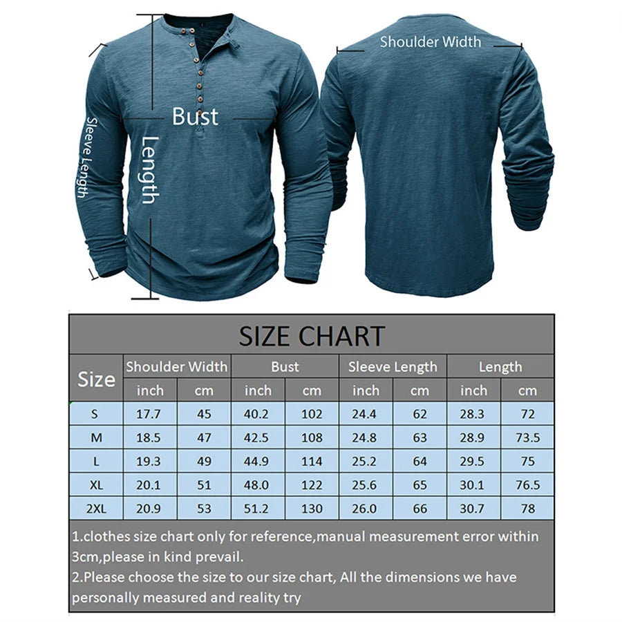 Men's 100% Cotton Henley T-Shirt Quality Long Sleeve Basic T Shirt