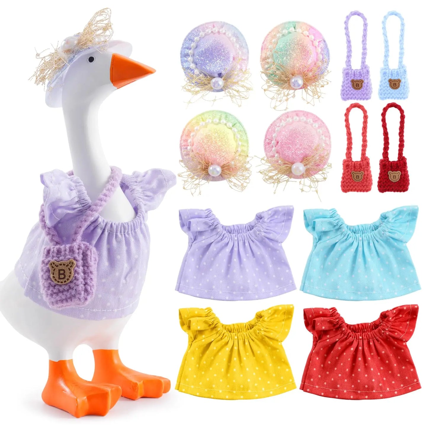 Desk Goose Clothes 7 Inches, Cute Mini Goose Summer Outfits Including Hat Dress and Bag Desk Goose Accessories
