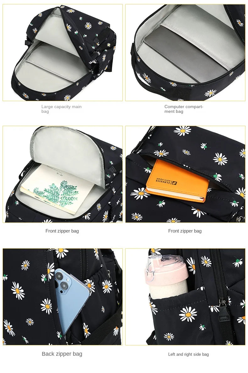 Flower Backpack Women Teenager Cute Kawaii Backpack 2023 New School Bags for Girls Kid Children Students Schoolbag Korean Black