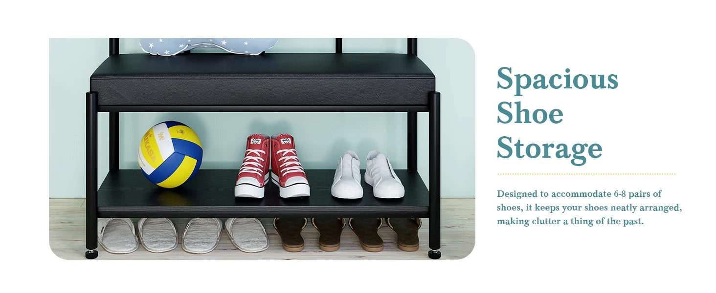 Black shoe rack with shoes and a ball on a light background