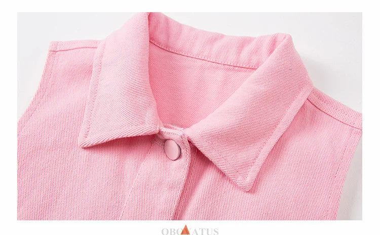 Pink Denim-Style Vest – Beaded Accents (Ages 7-13)