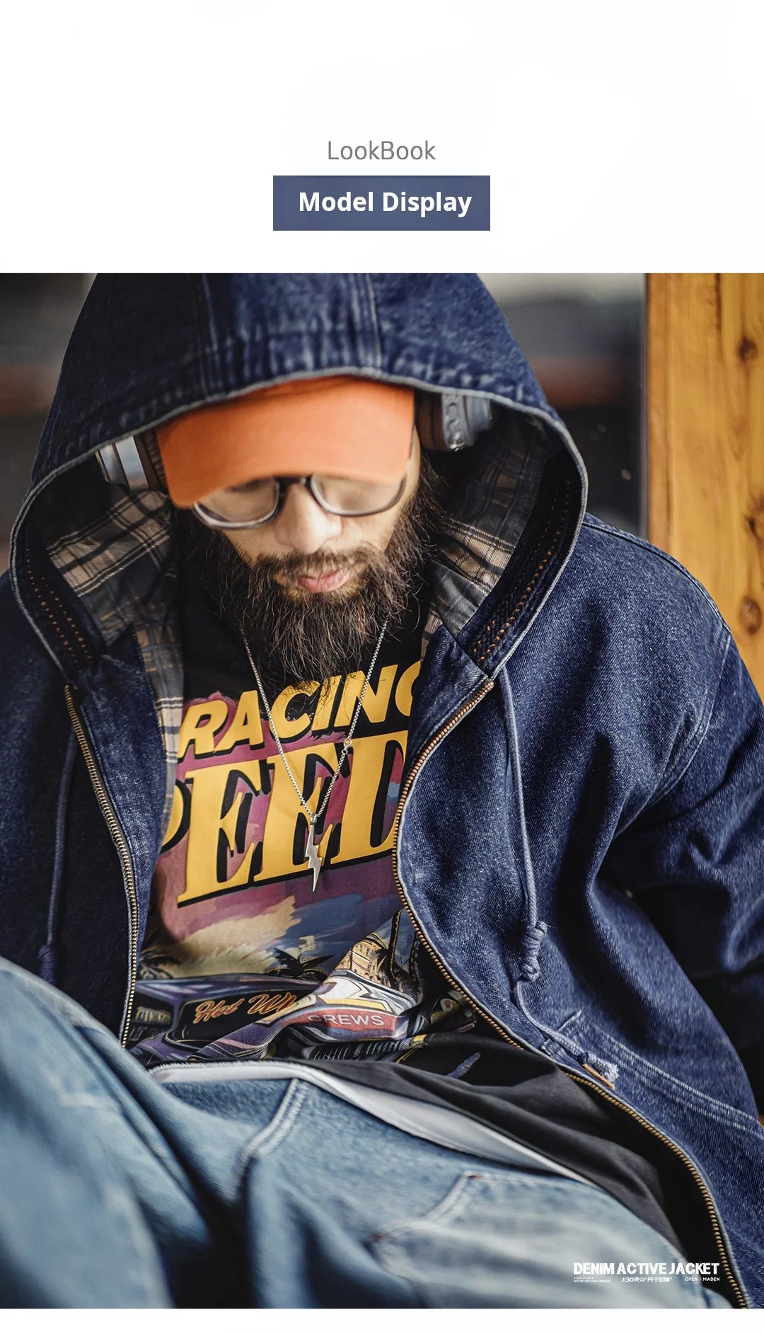Retro Men's Heavyweight Denim Jacket, Vintaged Hooded Zip-up Work Jacket