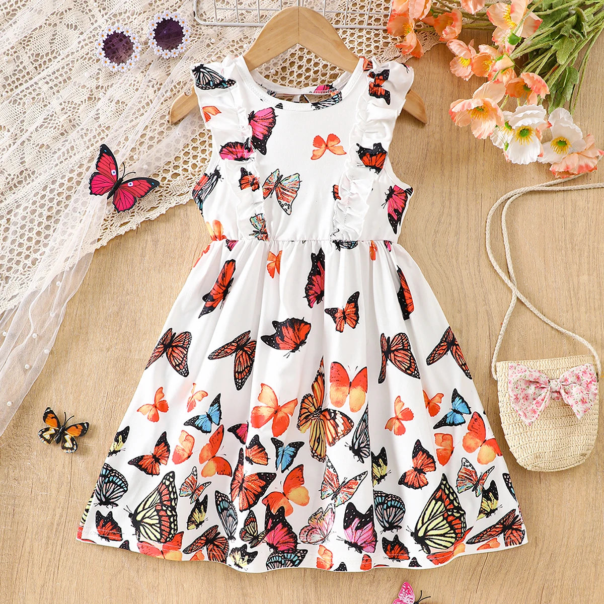 Girls' Spring, Summer Sleeveless Ruffle Butterfly-Print Dress