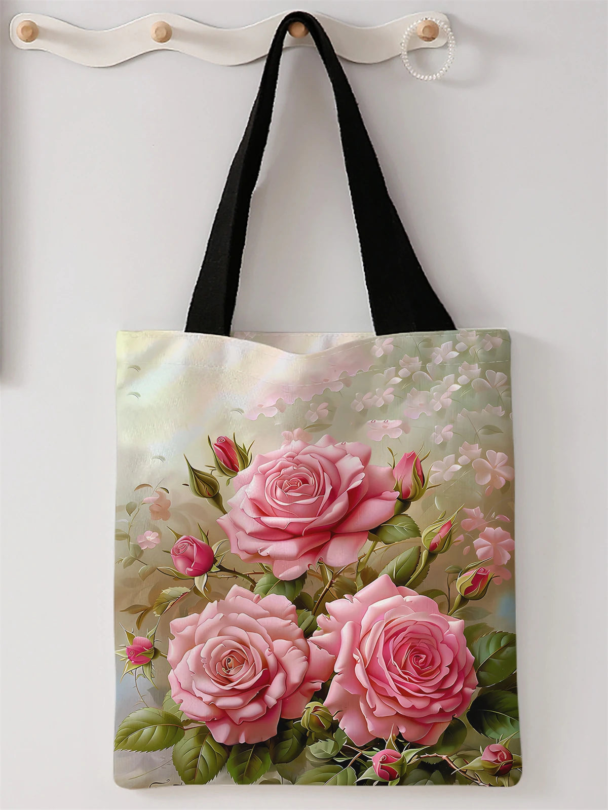 Rose pattern printed casual handbag, reusable fashionable backpack, multifunctional handbag, canvas shopping bag