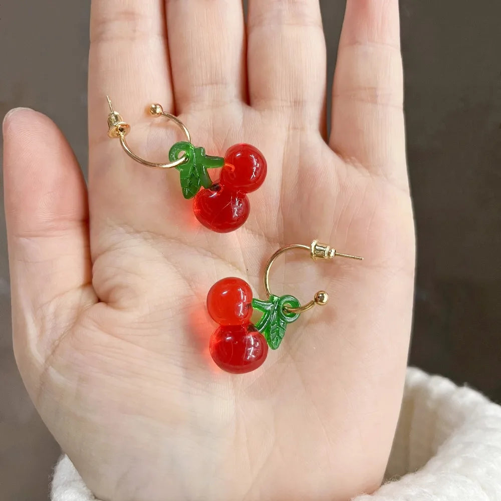 Cute Pair of Cherries Shaped Resin Dangle Drop Earrings