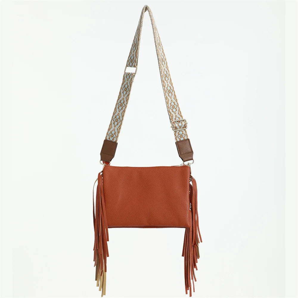 Tassel Accent Crossbody Bag For Women Leisure Shoulder Bag Purse PU Leather With Adjustable Strap Western Fringe