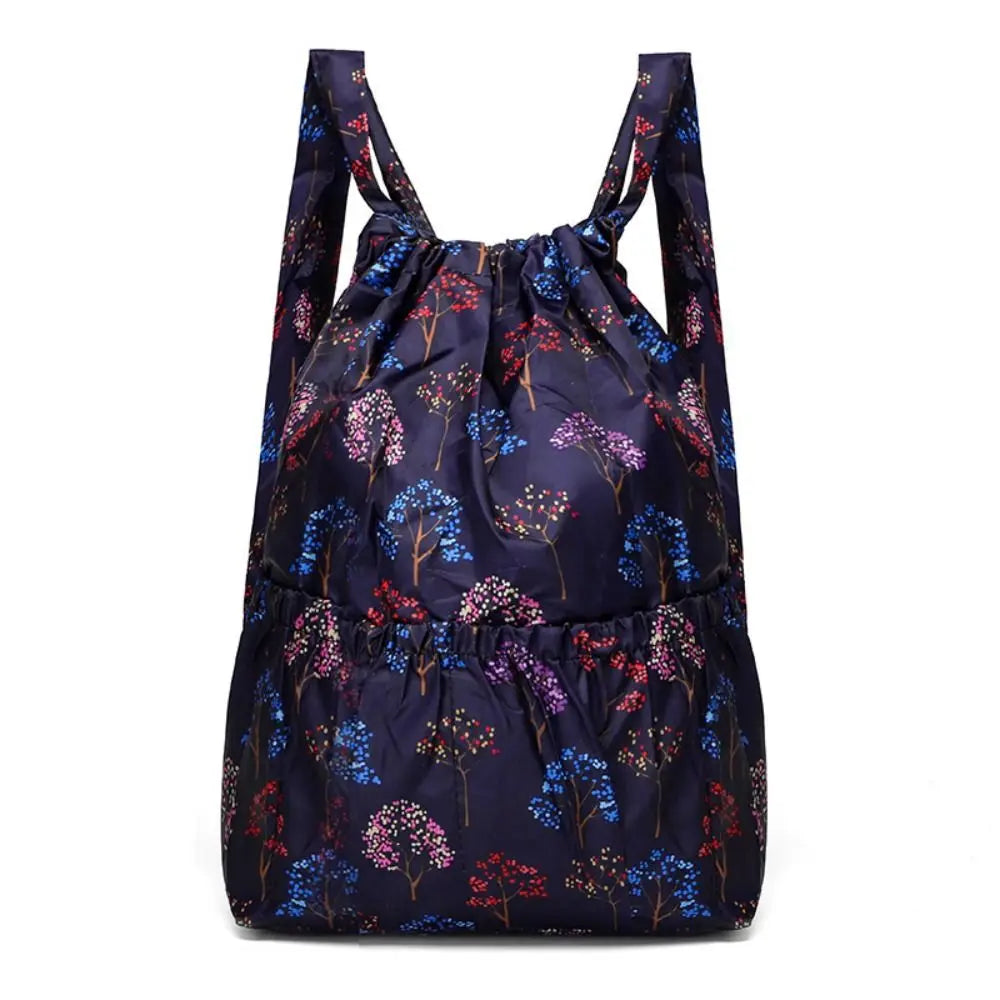 Multifunctional Floral Printed Drawstring Bag Polyester Waterproof Backpacks Fold Sports Travel Bag Teenage Girls