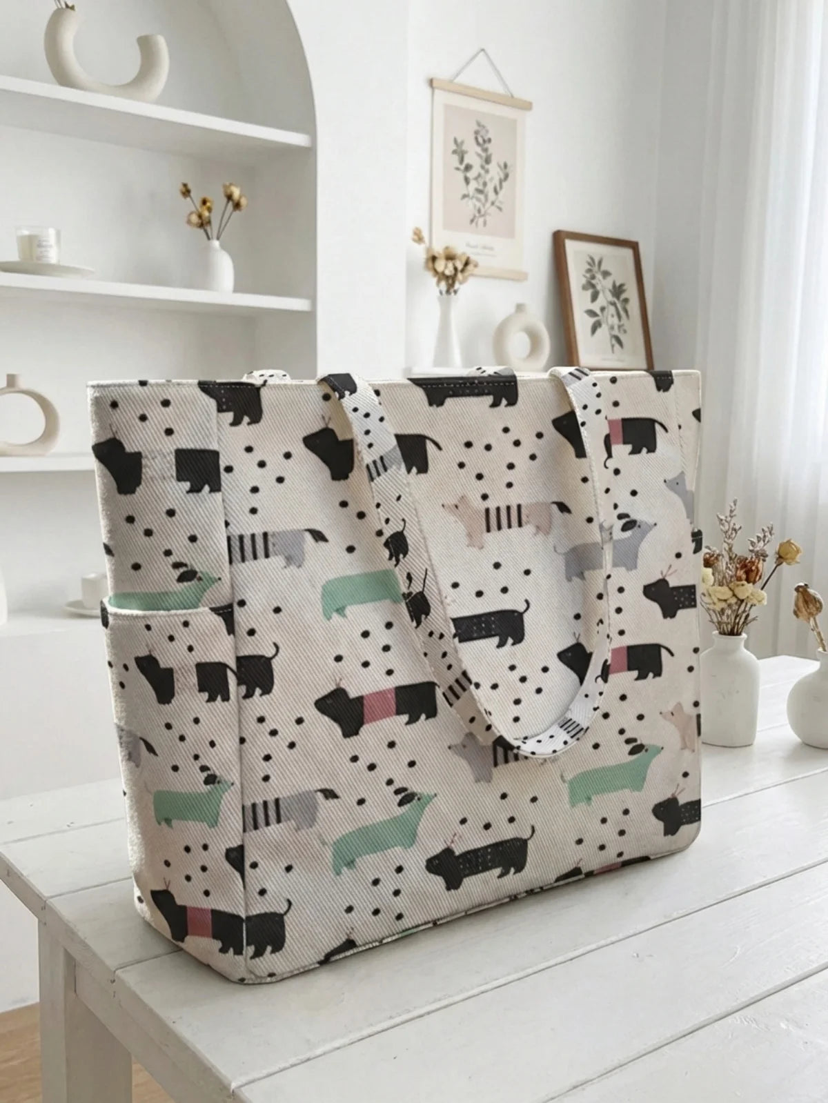 Animal print large capacity women's handbag, canvas shoulder bag, casual commuting shopping bag