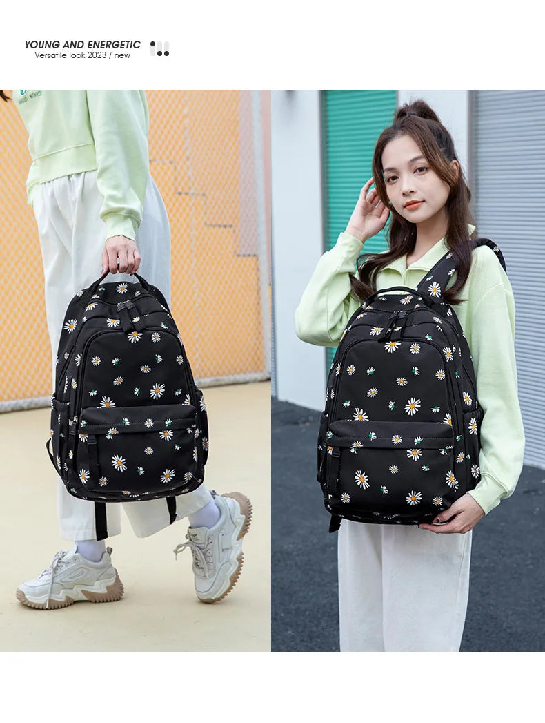 Flower Backpack Women Teenager Cute Kawaii Backpack 2023 New School Bags for Girls Kid Children Students Schoolbag Korean Black