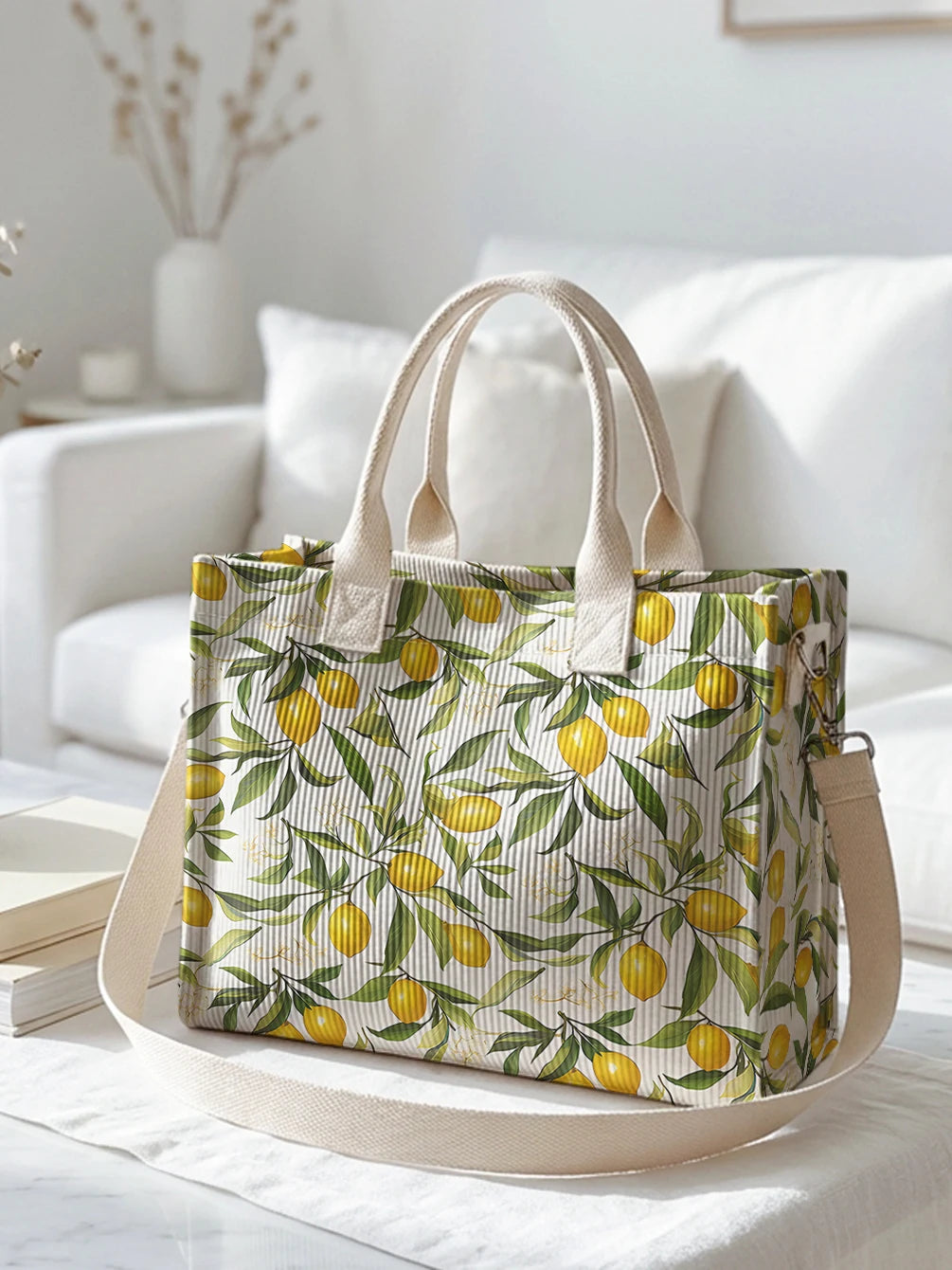 Lemon & Leaf Print Corduroy Tote Bag Large Capacity Multi Pocket Commuter Shoulder Bag