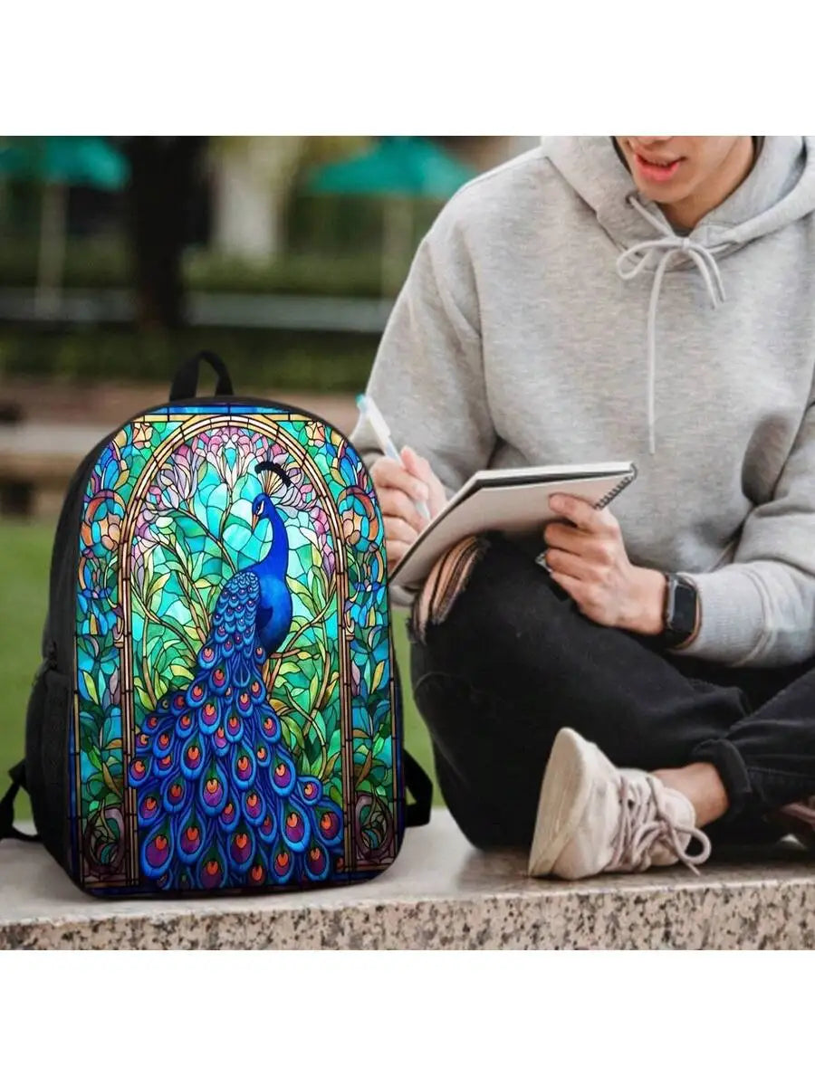 Stained Glass Peacock Print Backpack 17 Inch Large Capacity Lightweight Unisex School Travel Bag