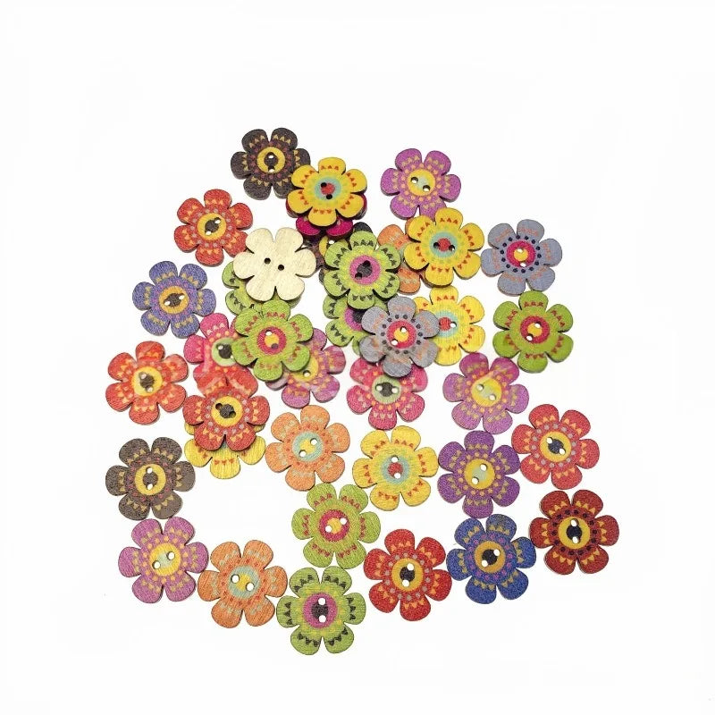 50Pcs 20mm Wood Buttons Mixed Color 2 Holes Flower Shaped Decorative Buttons, Flower Painting Wood Buttons