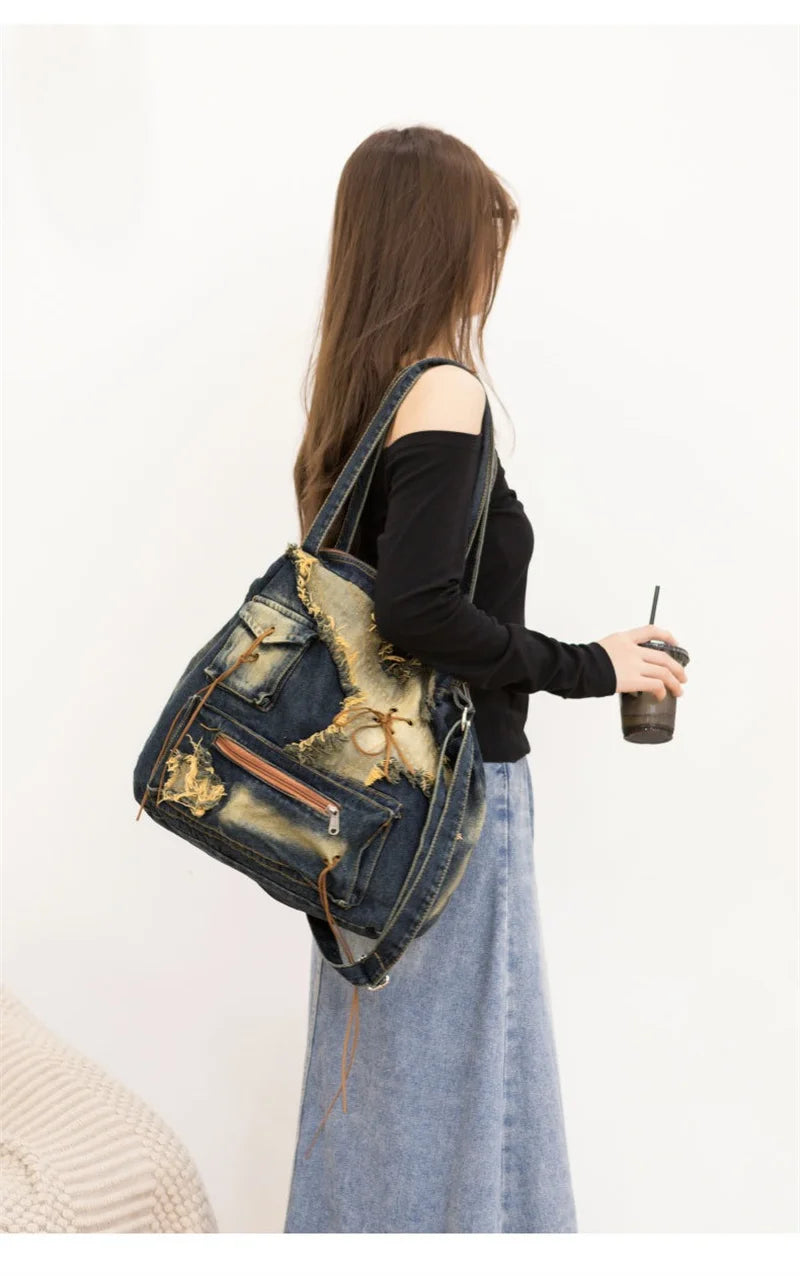 Nesitu High Quality Denim Large Capacity A4 Women Shoulder Messenger Bag Handbag Cross Body Lightweight Blue Black M250301