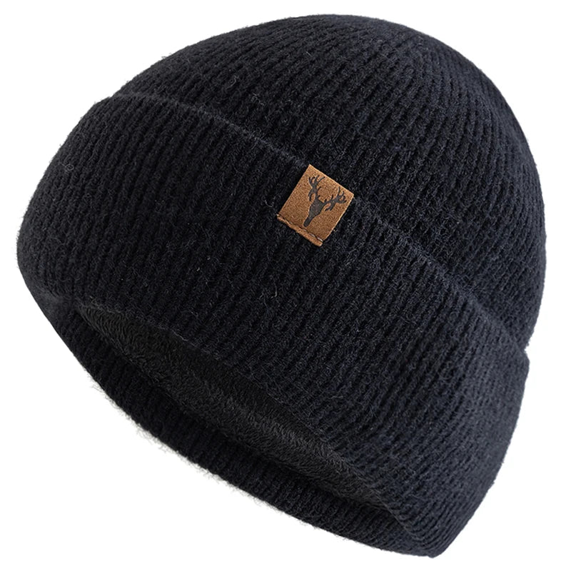 Winter Hat Plush Fleece-Lined Knit Cap--Knitted Hat w Deer Head Patch Accent