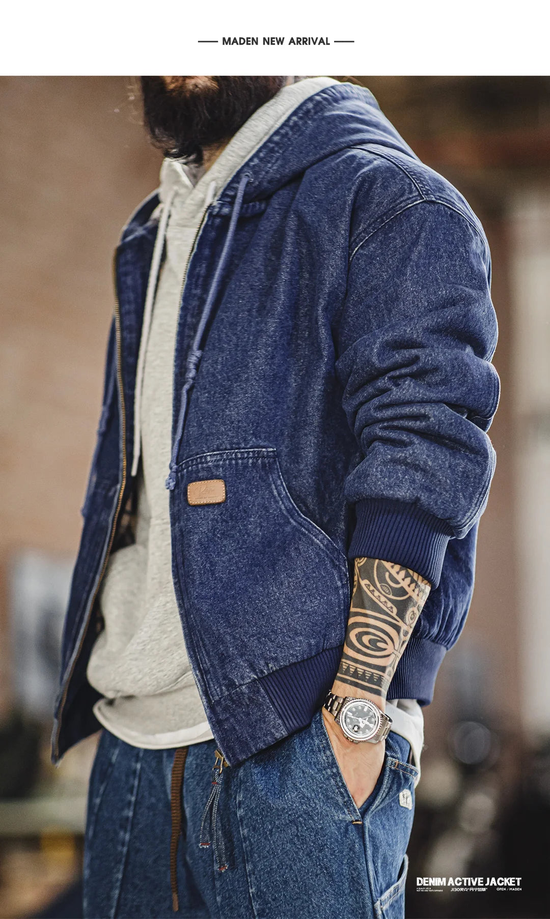Retro Men's Heavyweight Denim Jacket, Vintaged Hooded Zip-up Work Jacket