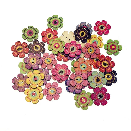 50Pcs 20mm Mixed Color 2 Holes Flower-Shaped Decorative Wooden Buttons