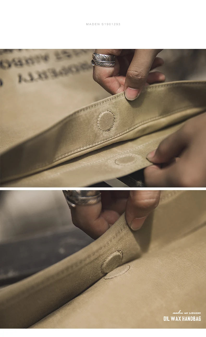 Maden Oil Wax Canvas Handbag Men's Vintage Handbags Khaki Print Purse Envelope Capacity Money Bag Magnetic Buckle Long Wallet