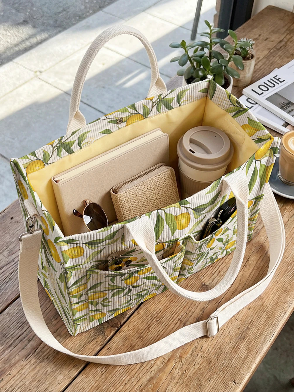 Lemon & Leaf Print Corduroy Tote Bag Large Capacity Multi Pocket Commuter Shoulder Bag