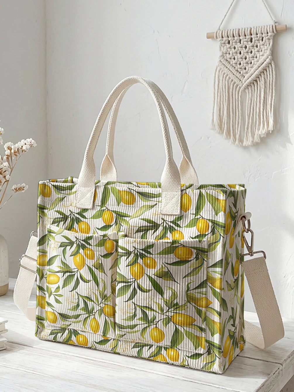 Lemon & Leaf Print Corduroy Tote Bag Large Capacity Multi Pocket Commuter Shoulder Bag