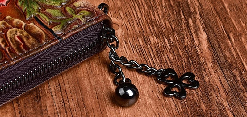Nesitu Highend Vintage Long Size Flower Brown Coffee Red Top Grain Genuine Leather Women Clutch Wallet Lady Phone Purse M004