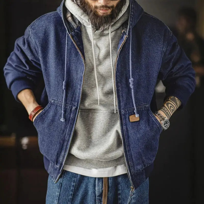 Retro Men's Heavyweight Denim Jacket, Vintaged Hooded Zip-up Work Jacket