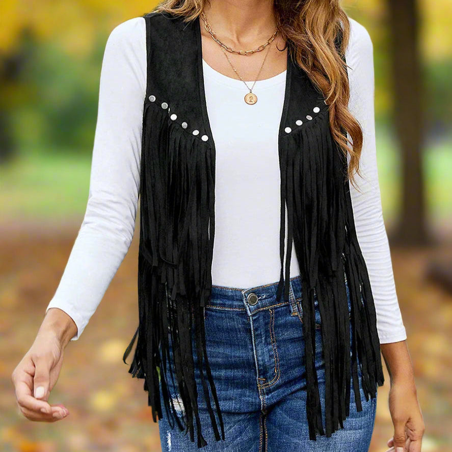 Seventies-Vintage Women's Faux Suede Fringed Vest