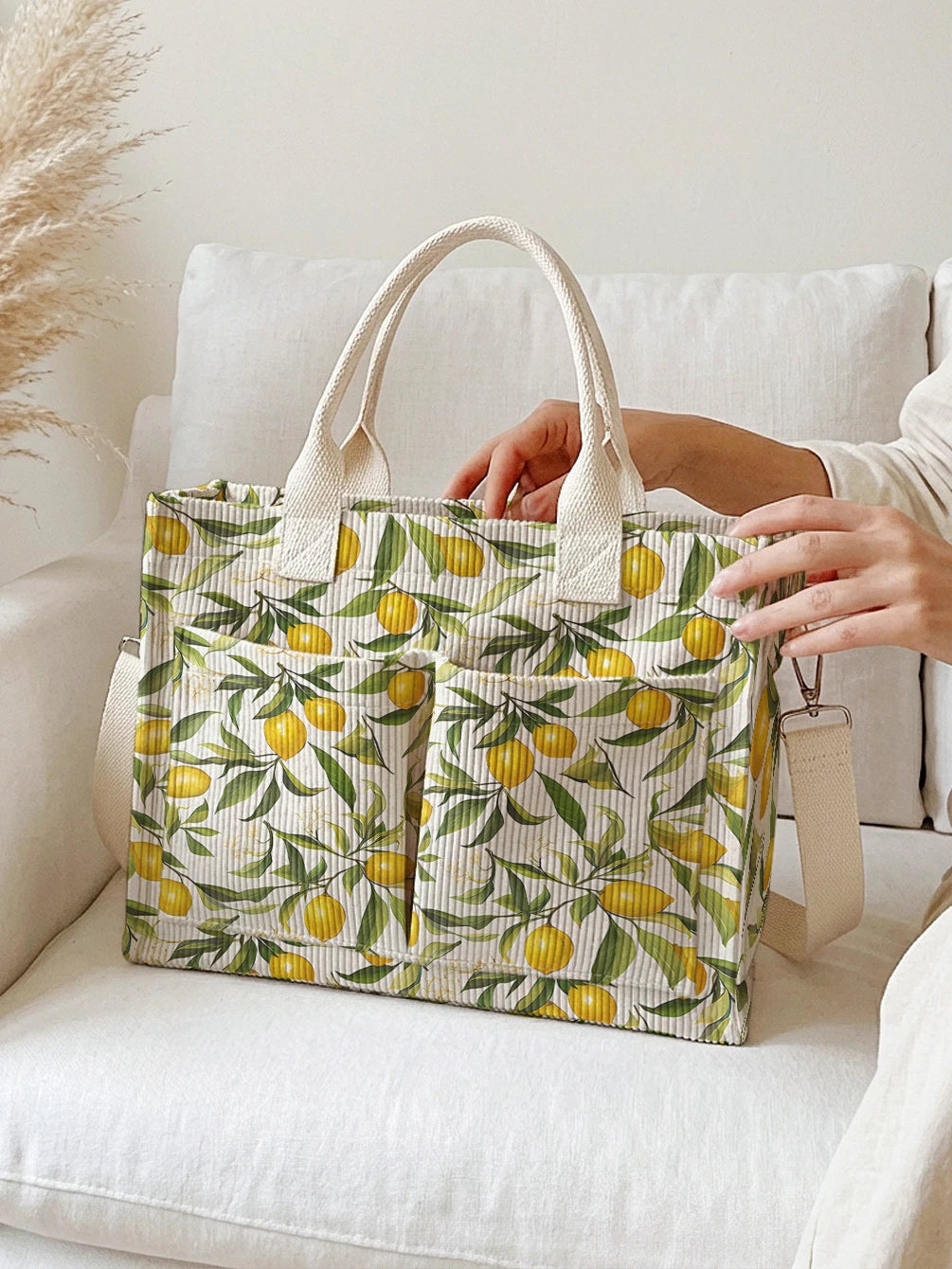 Lemon & Leaf Print Corduroy Tote Bag Large Capacity Multi Pocket Commuter Shoulder Bag