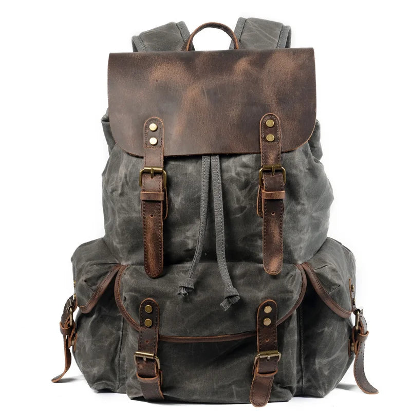 Nesitu Vintage A4 Genuine Leather Wax Canvas Women Backpacks for Men Laptop Daypacks Waterproof Rucksacks Large Travel Bag M6105