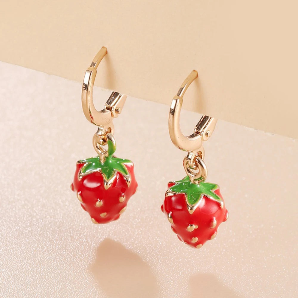 Sweet Strawberry Earrings, Dangle Drop Enamel Earrings