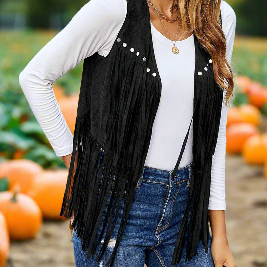 Seventies-Vintage Women's Faux Suede Fringed Vest