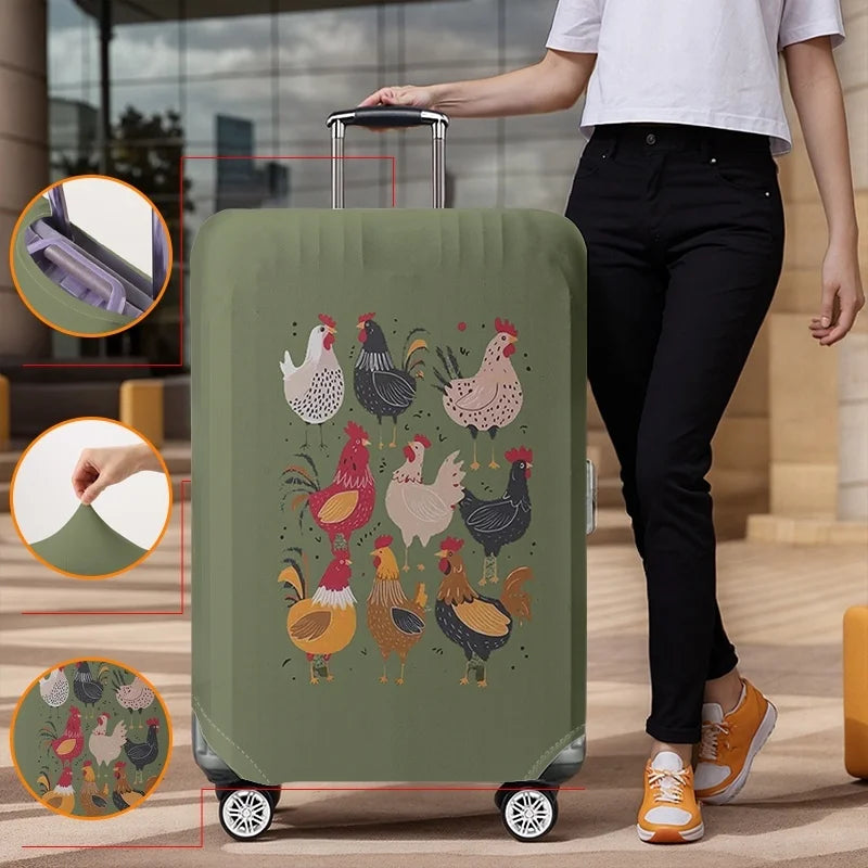 Vintage Farm Chicken Group Olive Green Pattern Luggage Protective Cover, suitable for 18-32 inch luggage covers, luggage handle
