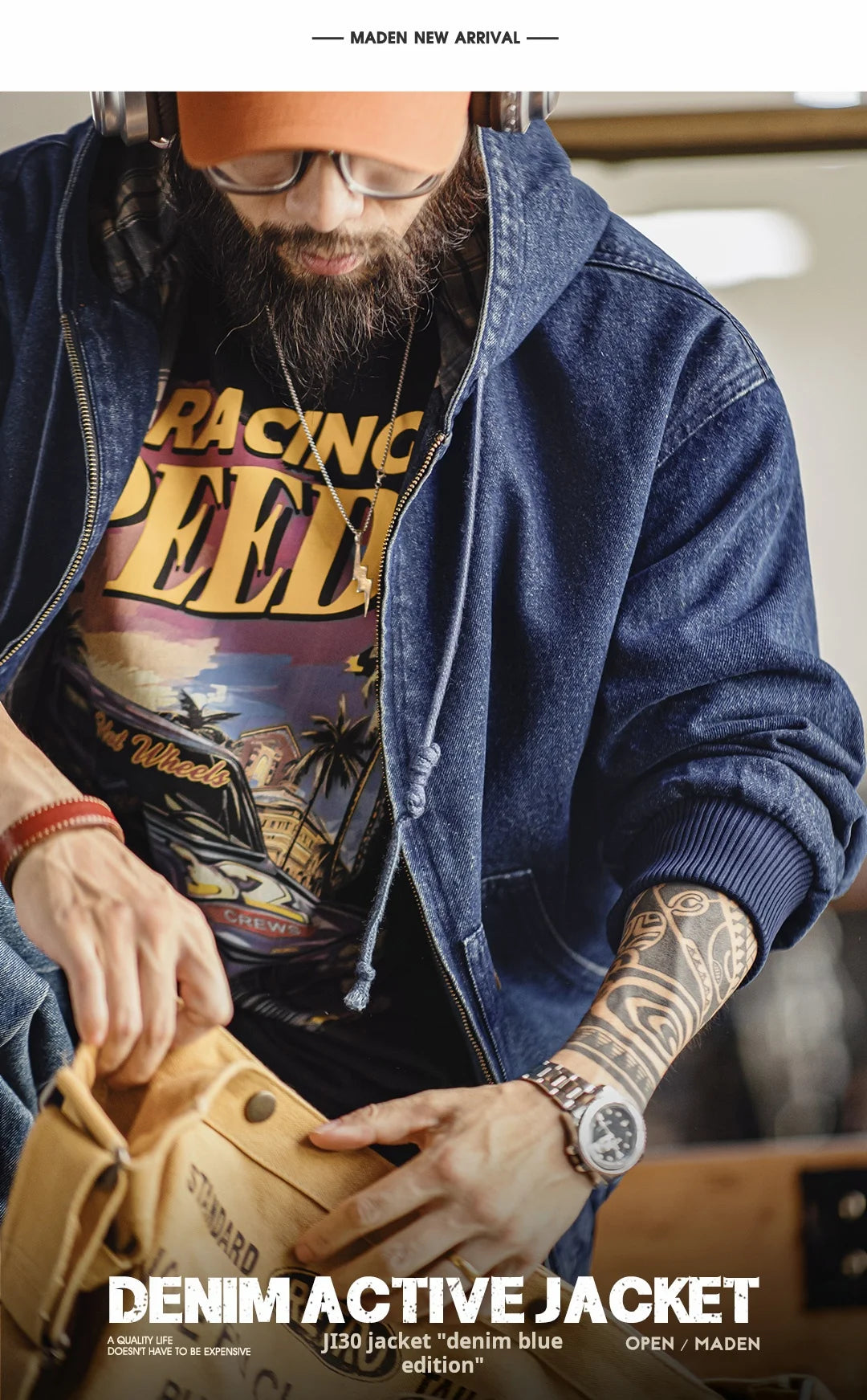 Retro Men's Heavyweight Denim Jacket, Vintaged Hooded Zip-up Work Jacket