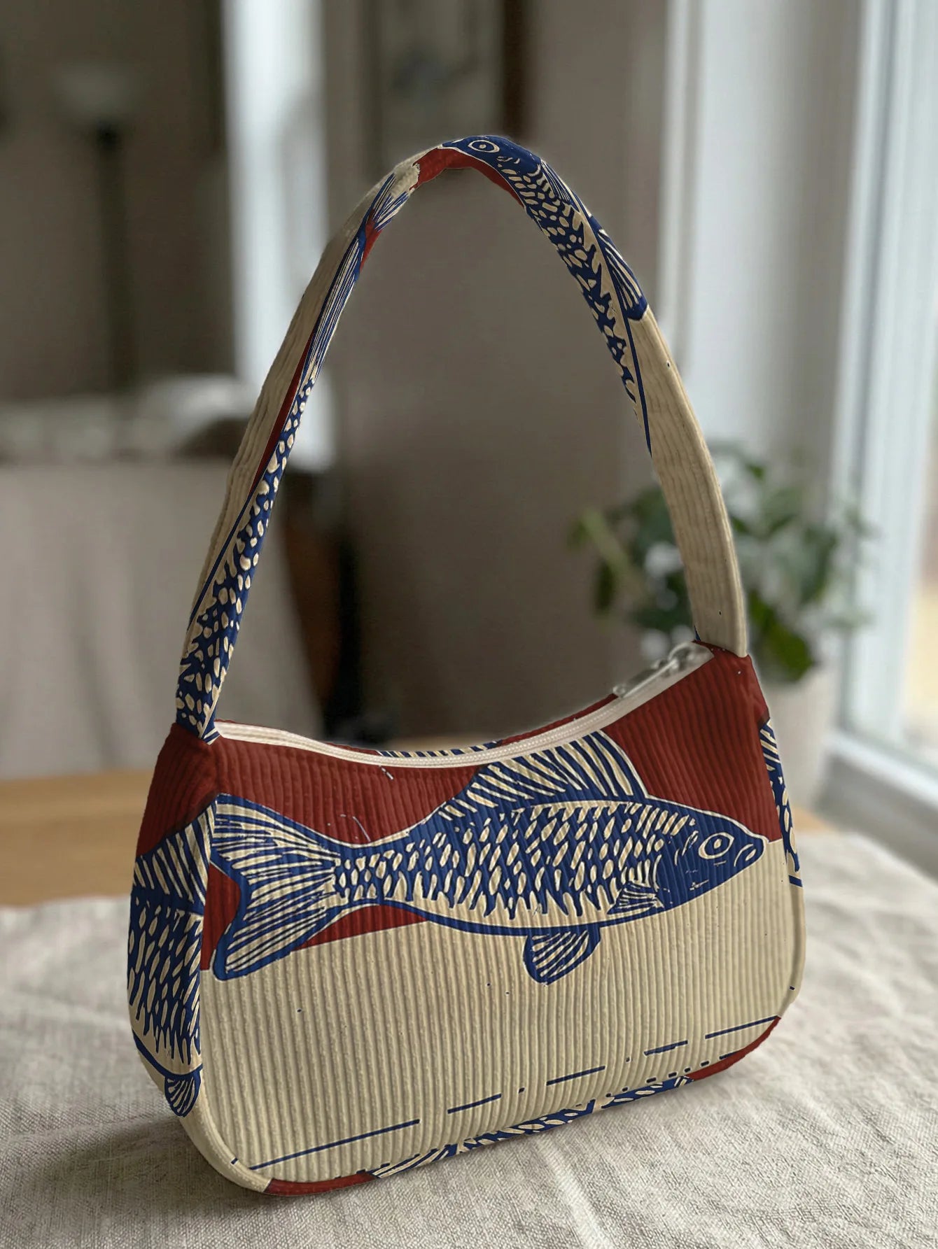Trendy Blue Fish Print Shoulder Bag, Beige & Red Corduroy Underarm Bag for Daily Casual Use