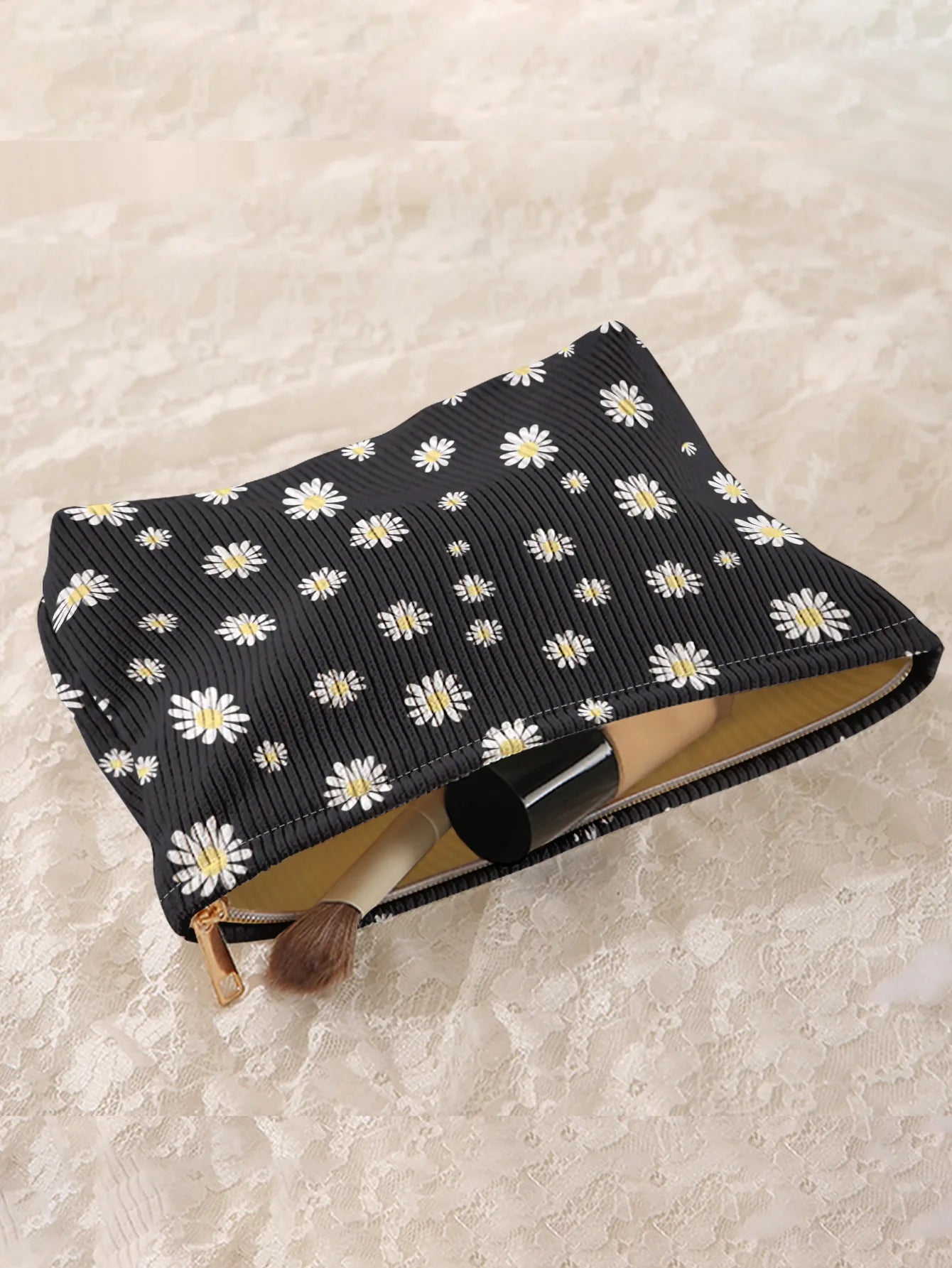 Daisy patterned corduroy makeup bag, lightweight zipper pouch, multifunctional lined bag for cosmetics