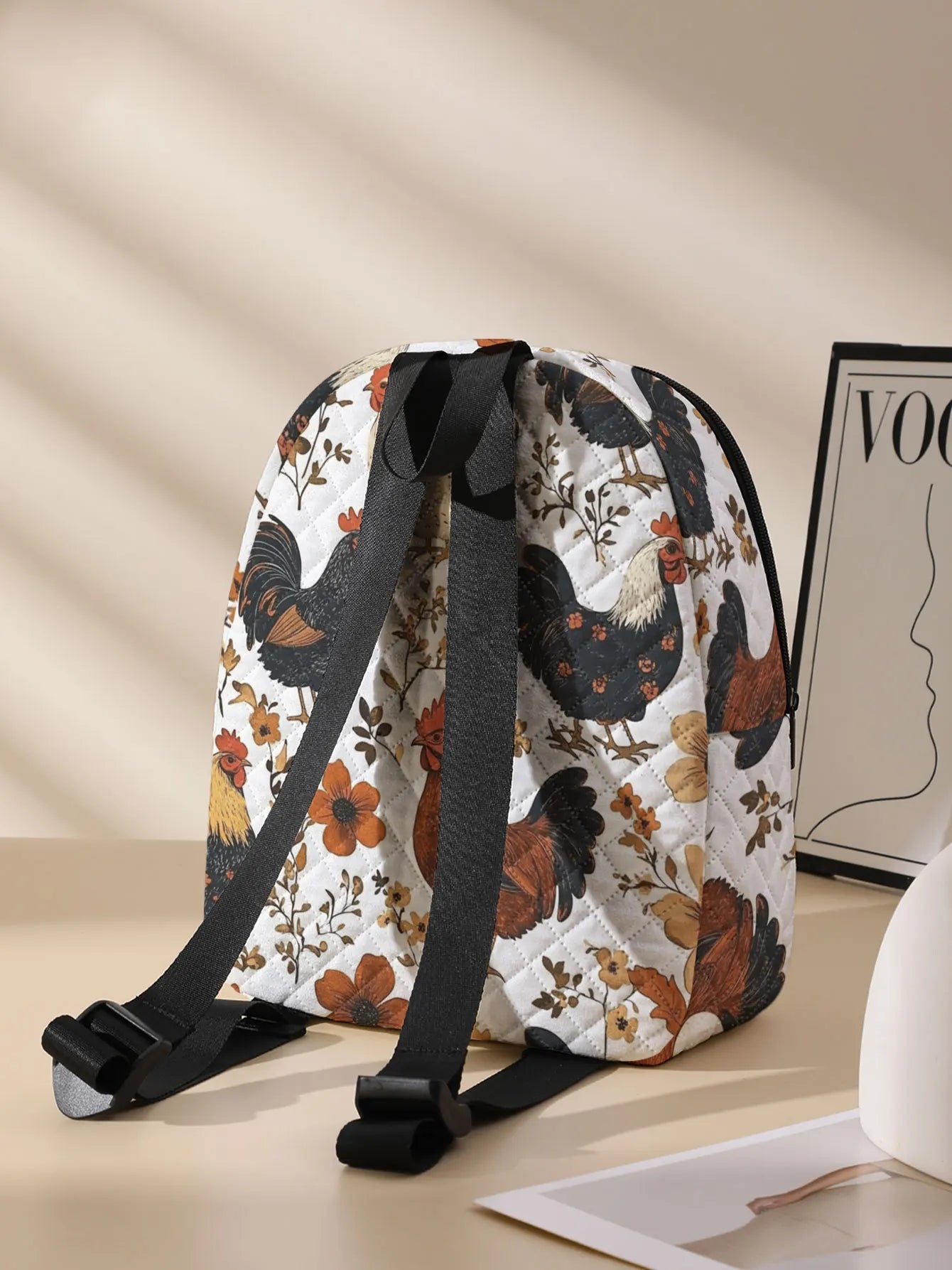 Rooster and Hen Printed Quilted Compact Backpack, Suitable for Outdoor, Travel, Campus, and Daily Use by Both Men and Women