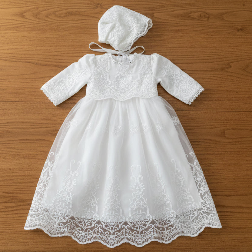 White Lace Long-sleeved Infant Christening, Baptism Dress