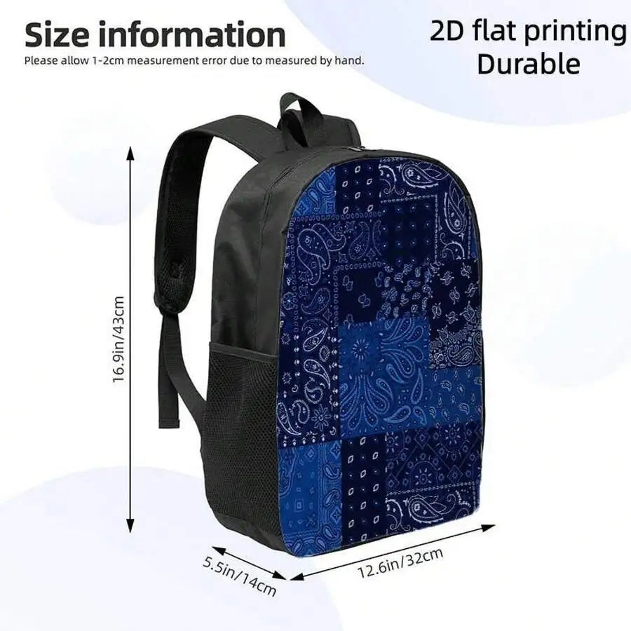 Lightweight Large Capacity Backpack With Blue Paisley Patchwork Design Adjustable Straps Travel Daypack For Adults