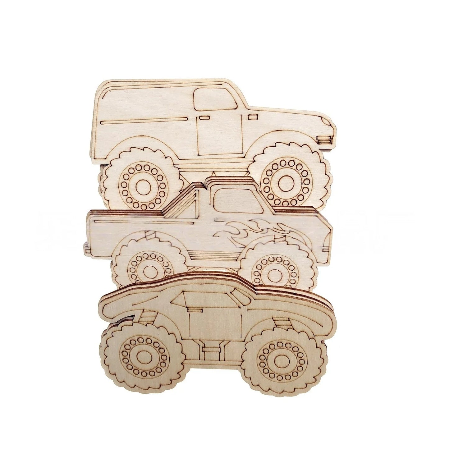12pcs Unfinished Wood Monster Truck Cutouts, Wooden Craft Shapes