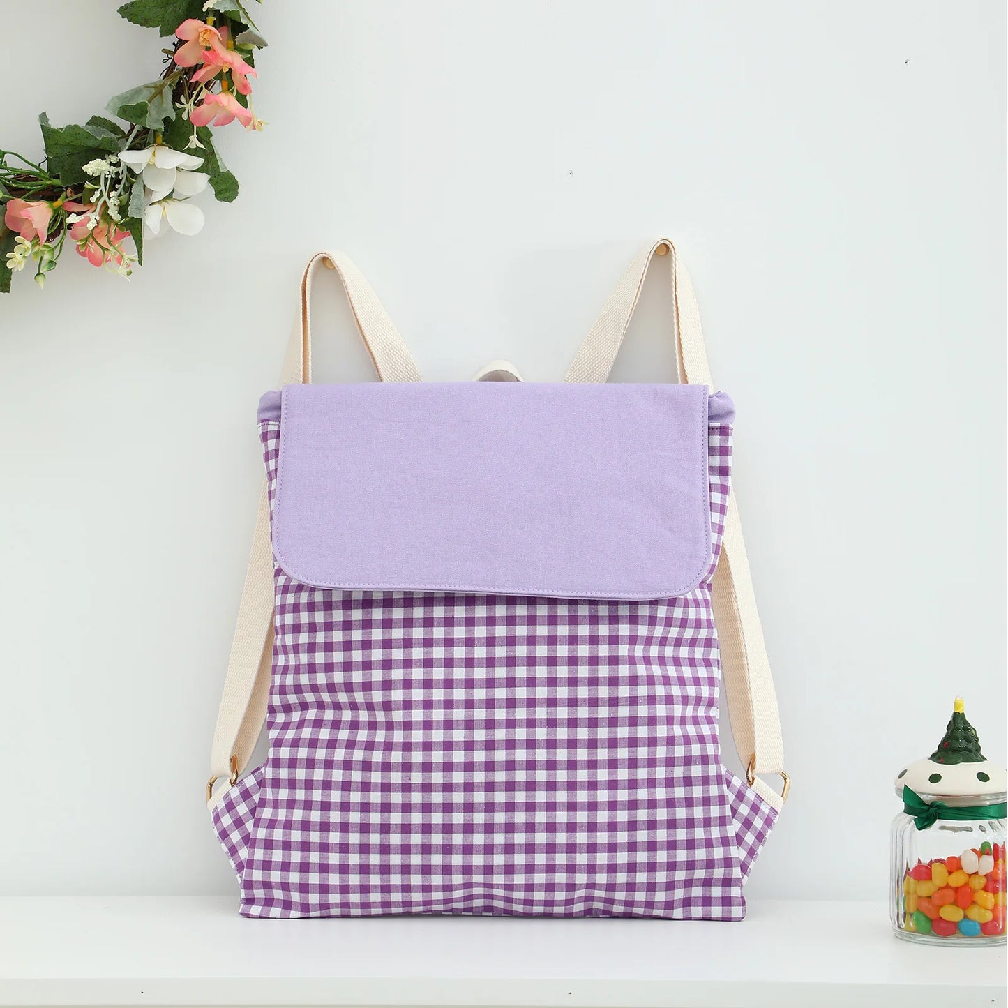 Plaid Backpack For Girls Drawstring Students Canvas Travel Schoolbag Laptop Bookbag