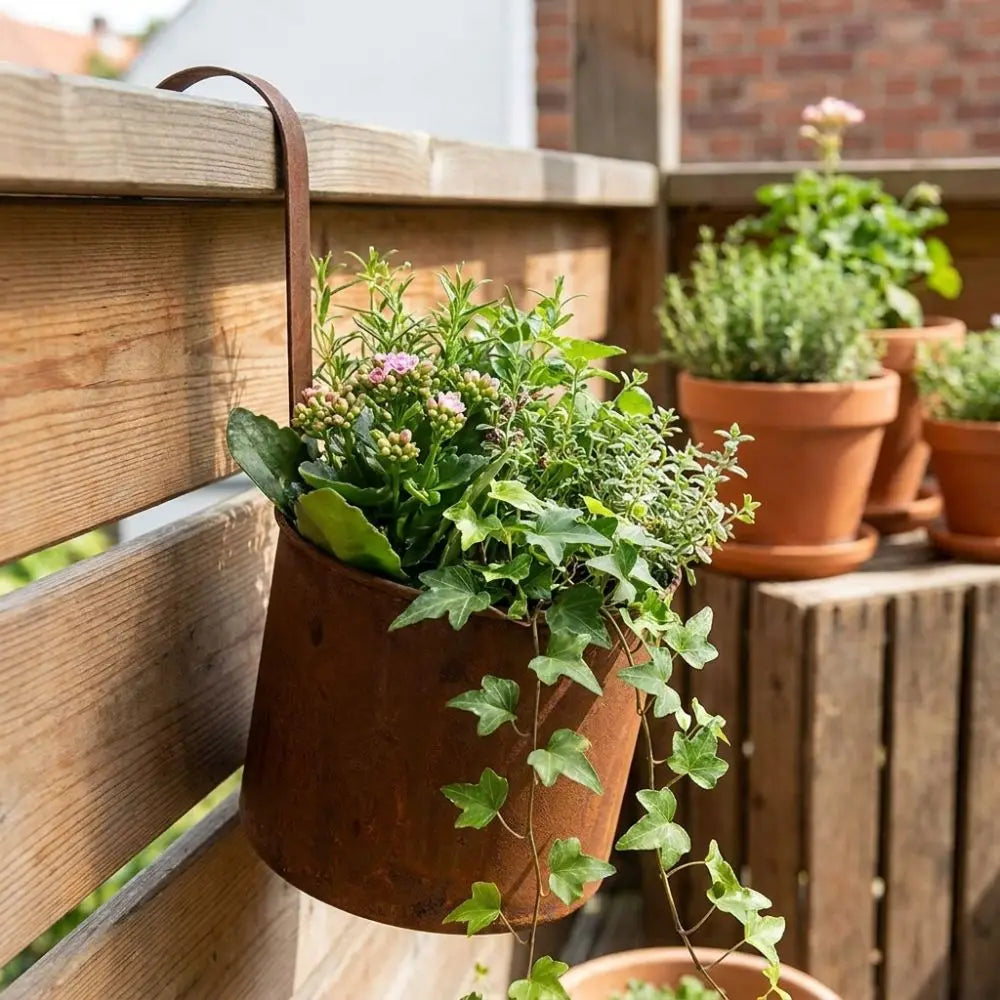 Handcrafted Wall Hanging Flower Bucket Antique Styles Rusted Iron Hanging Flowerpot Weather-Resistant Unique Metal Plant Hangers