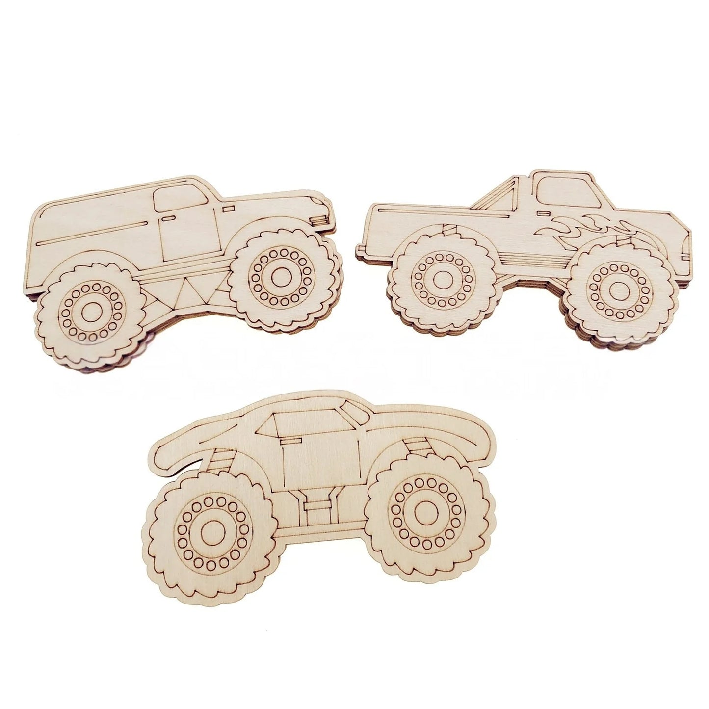 12pcs Unfinished Wood Monster Truck Cutouts, Wooden Craft Shapes