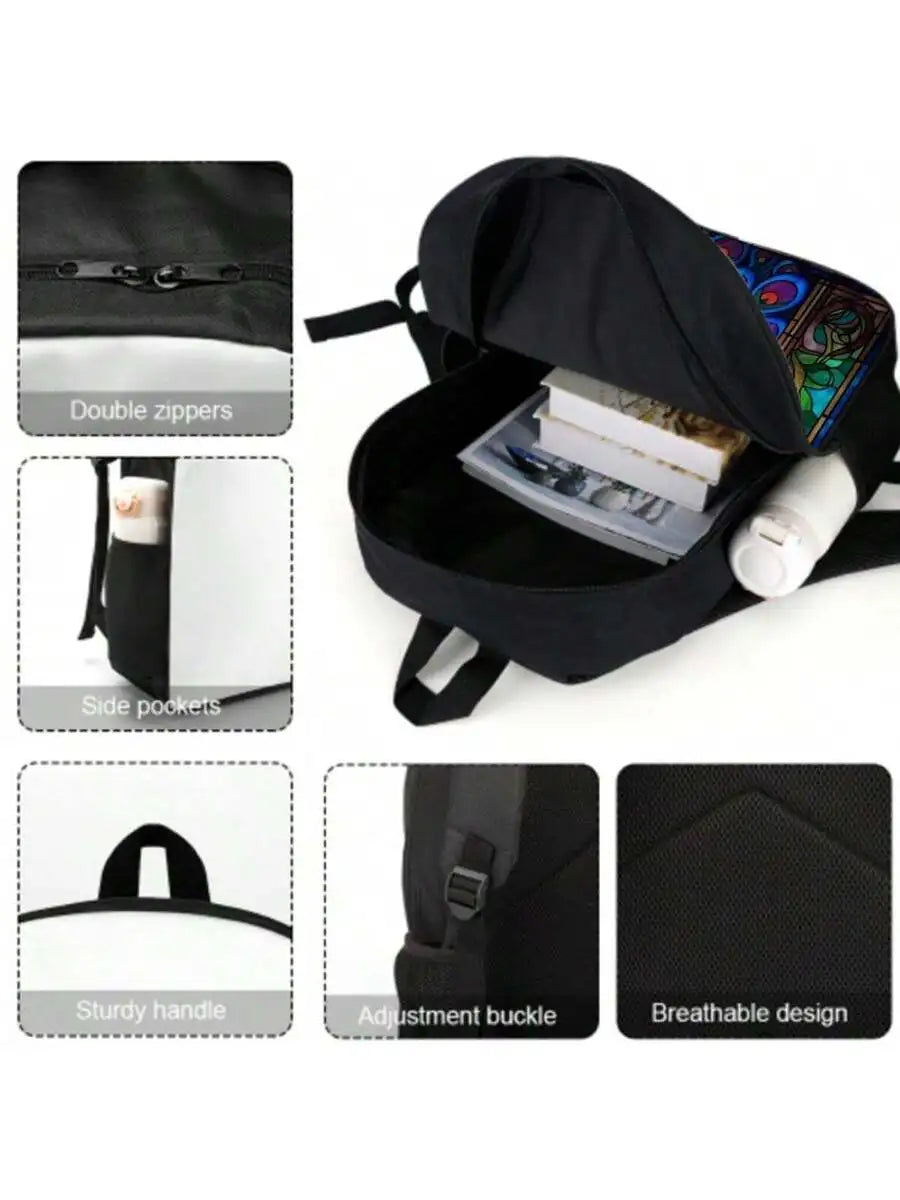 Stained Glass Peacock Print Backpack 17 Inch Large Capacity Lightweight Unisex School Travel Bag