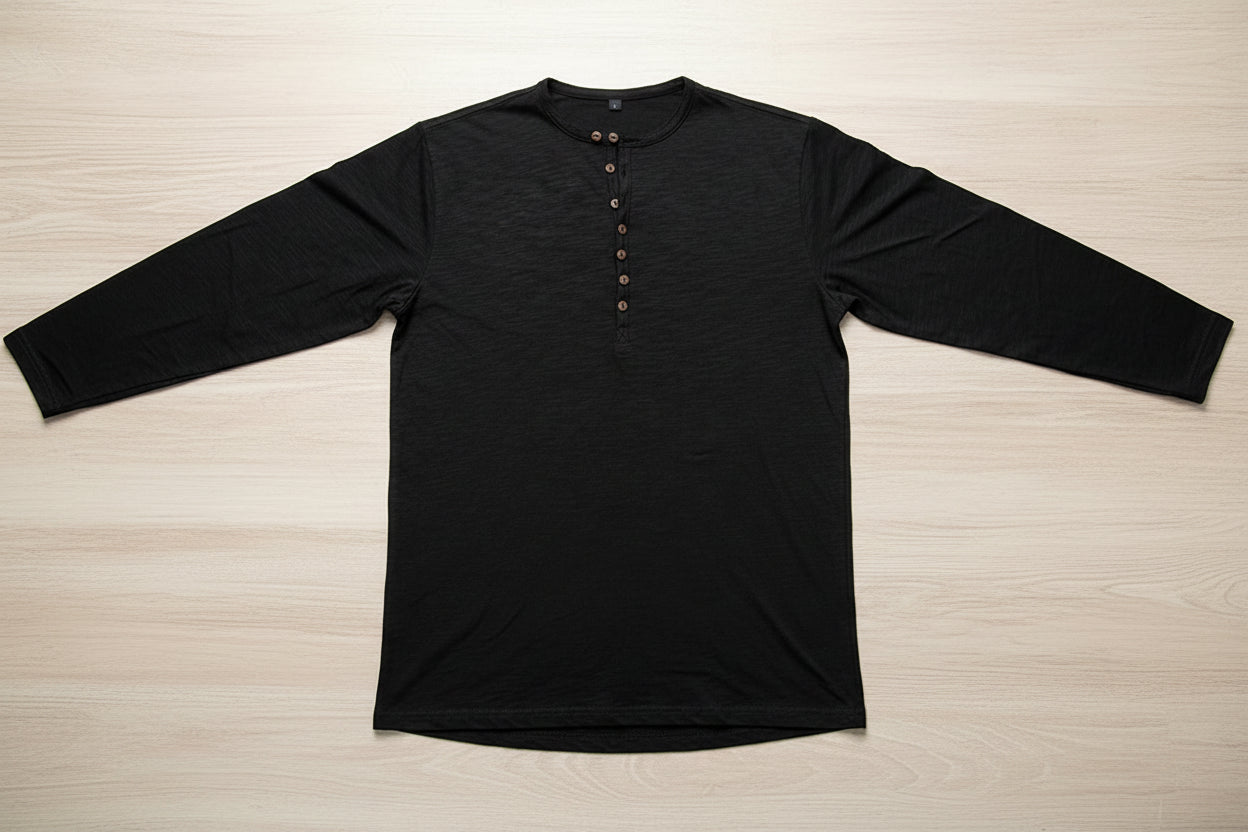 Men's 100% Cotton Henley T-Shirt Quality Long Sleeve Basic T Shirt