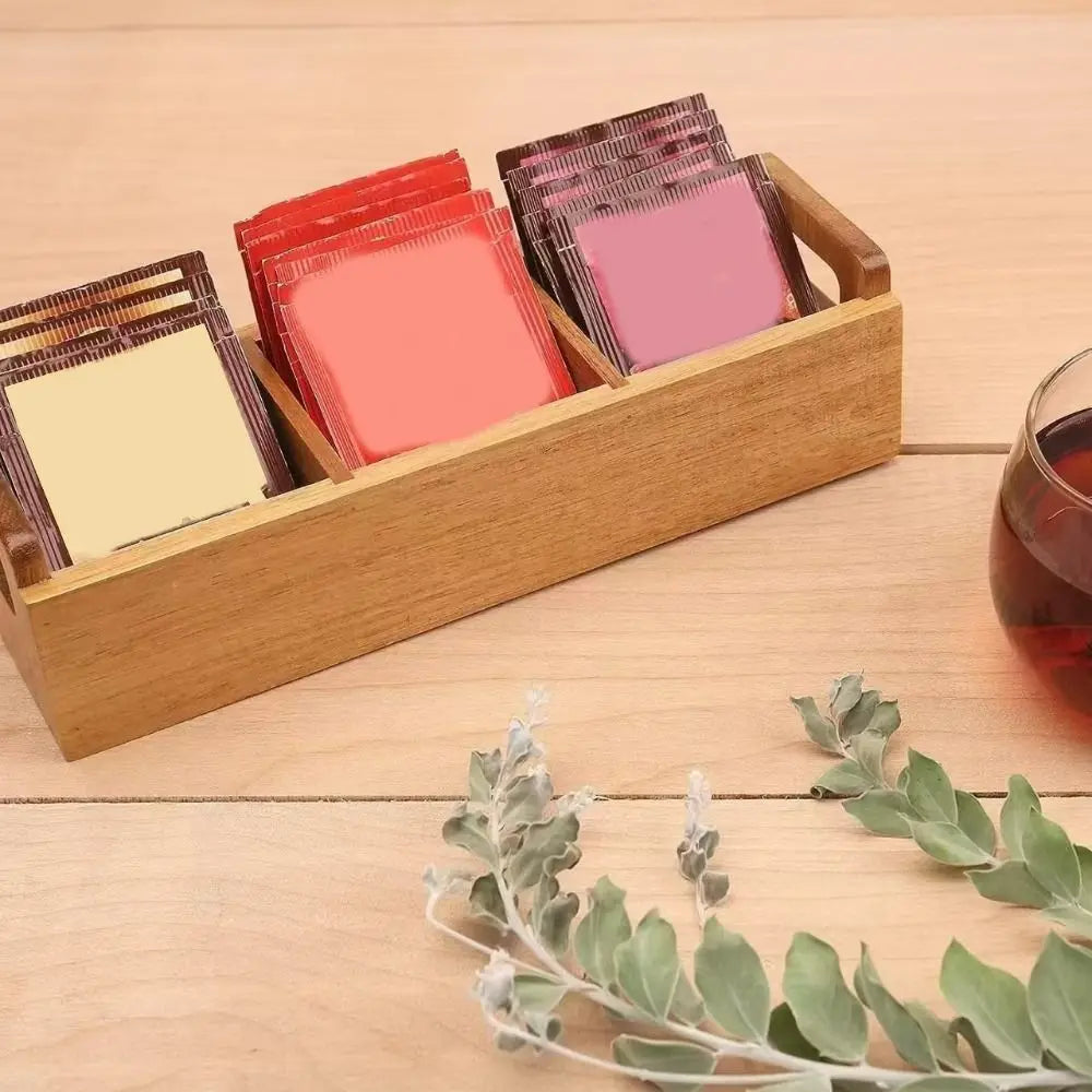 Practical Wooden Tea Bag Storage Box Dual Side Handles Large Capacity Sugar Packet Storage Box 3 Slots Tea Bag Holder Office