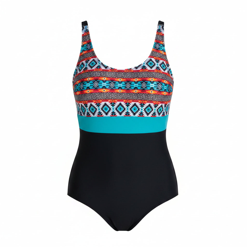 Boho Southwestern Tribal Stripe Pattern Print One-Piece Sport Swimsuit