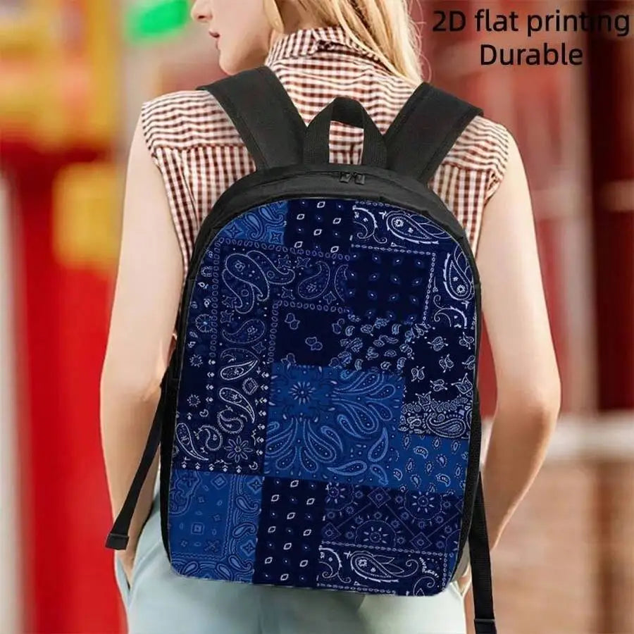 Lightweight Large Capacity Backpack With Blue Paisley Patchwork Design Adjustable Straps Travel Daypack For Adults