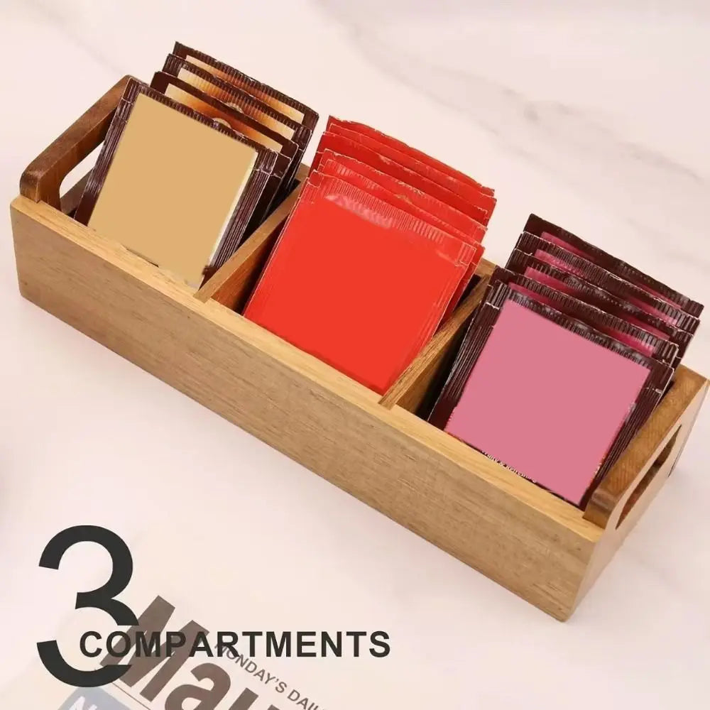 Practical Wooden Tea Bag Storage Box Dual Side Handles Large Capacity Sugar Packet Storage Box 3 Slots Tea Bag Holder Office